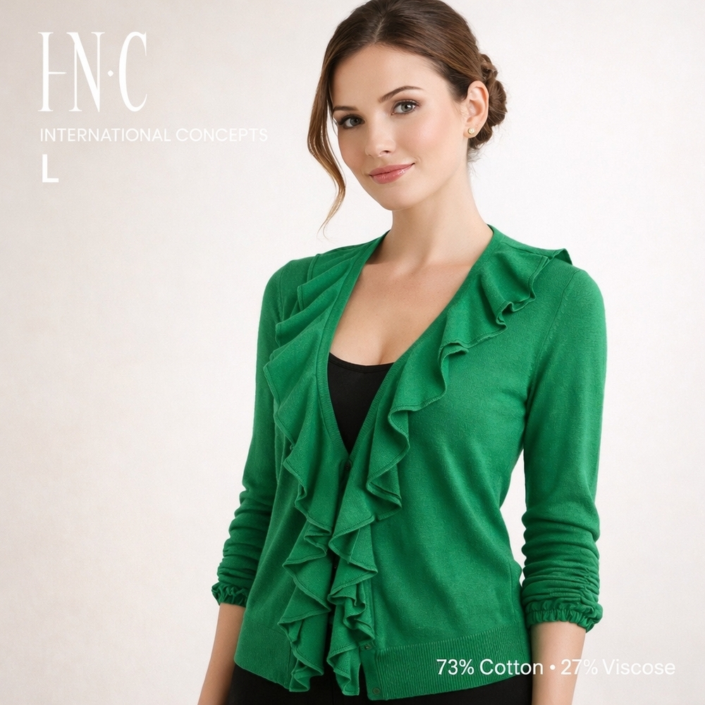 INC Green Waterfall Ruffle Cardigan Long Sleeve Ruched Wrist Size L
